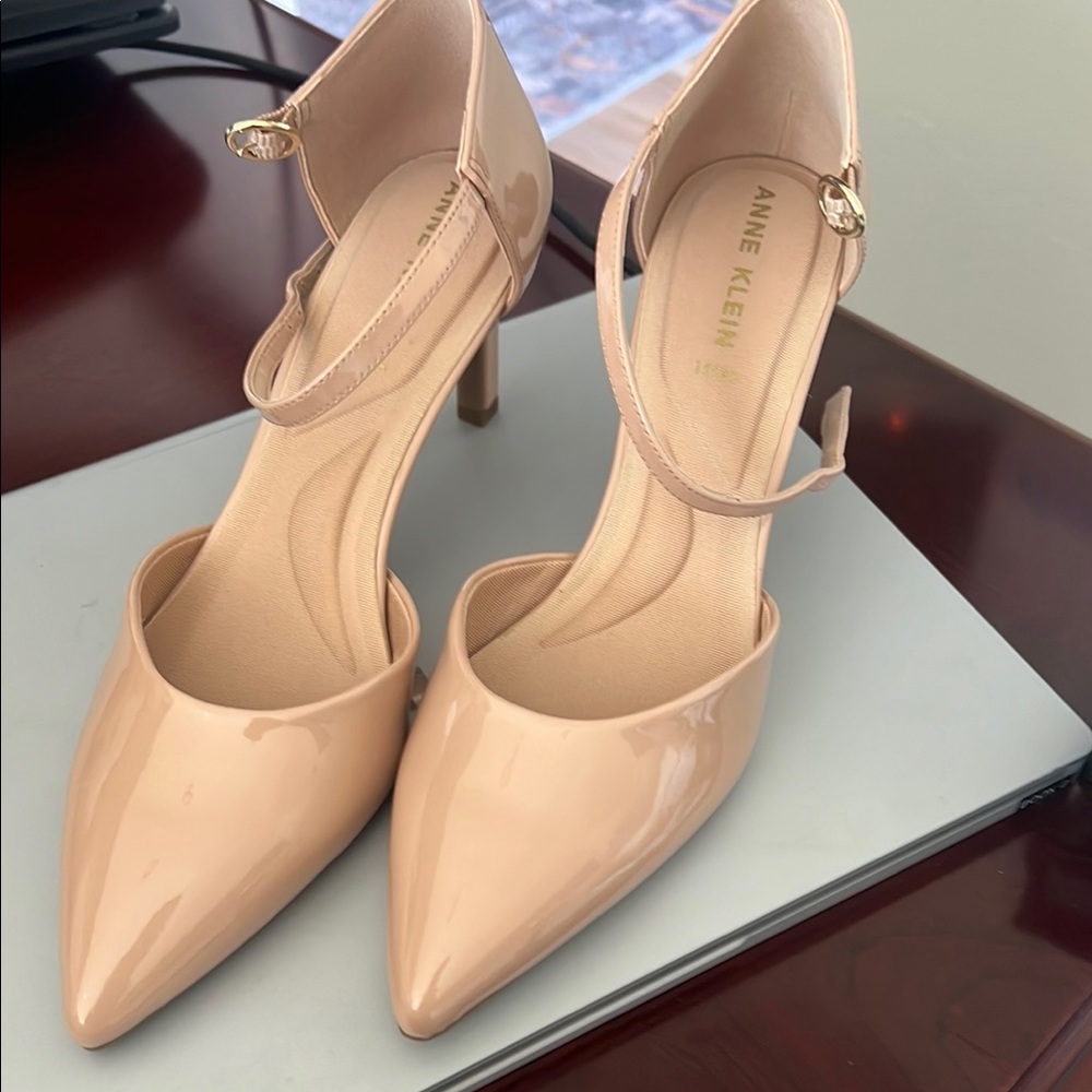 Anne Klein Nude Patent Akrook Pointed-Toe Heels with Ankle Strap